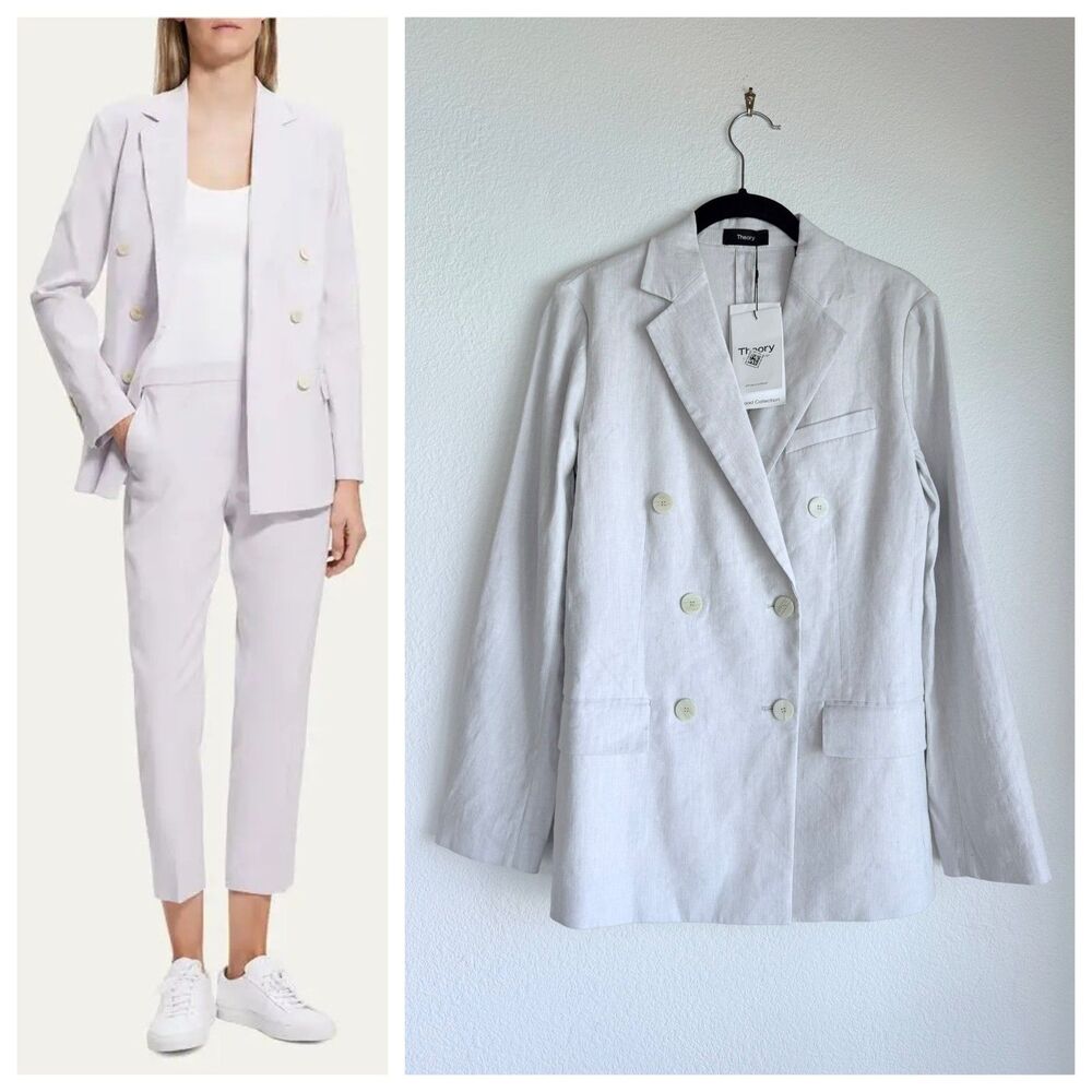 NWT Theory Women's Fitted Sharkskin Crunch Double-Breasted Jacket in Pearl Sz 0 - Picture 1 of 16
